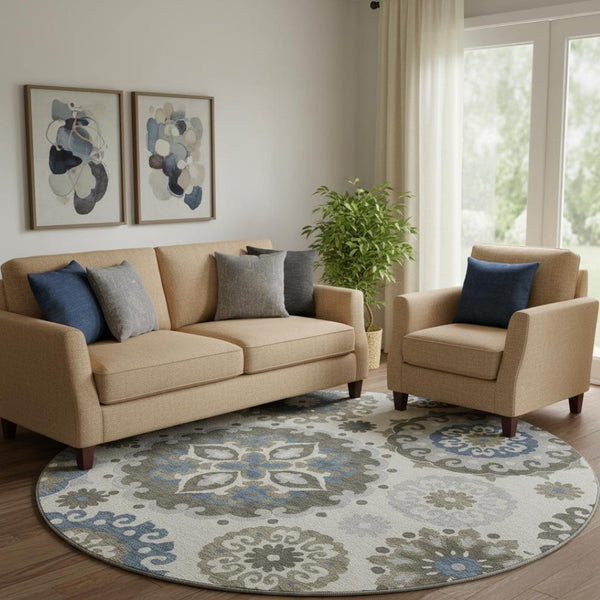 HomeRoots 8' Pewter Blue and Gray Medallion Round Rug - Washable, UV Protected, Stylish for Homes with Kids & Pets 664053