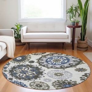 HomeRoots 8' Pewter Blue and Gray Medallion Round Rug - Washable, UV Protected, Stylish for Homes with Kids & Pets 664053