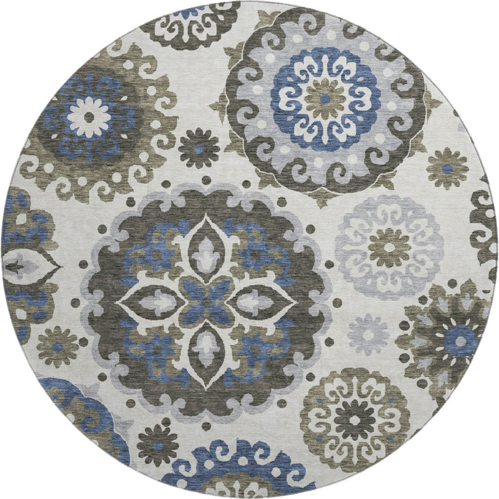 HomeRoots 8' Pewter Blue and Gray Medallion Round Rug - Washable, UV Protected, Stylish for Homes with Kids & Pets 664053