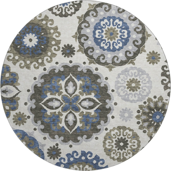 HomeRoots 8' Pewter Blue and Gray Medallion Round Rug - Washable, UV Protected, Stylish for Homes with Kids & Pets 664053