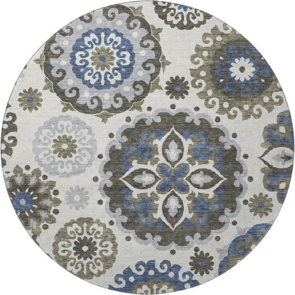 HomeRoots 8' Pewter Blue and Gray Medallion Round Rug - Washable, UV Protected, Stylish for Homes with Kids & Pets 664053