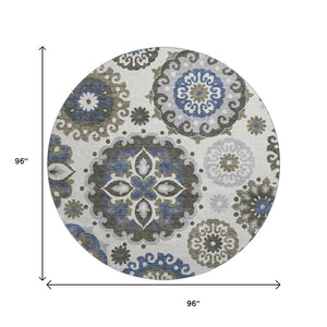HomeRoots 8' Pewter Blue and Gray Medallion Round Rug - Washable, UV Protected, Stylish for Homes with Kids & Pets 664053