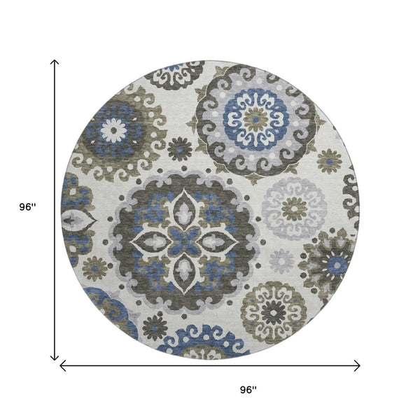 HomeRoots 8' Pewter Blue and Gray Medallion Round Rug - Washable, UV Protected, Stylish for Homes with Kids & Pets 664053