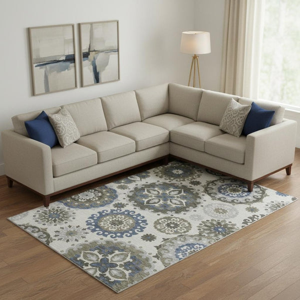 HomeRoots 8' X 10' Pewter Blue and Gray Medallion Area Rug - Washable, UV Protected, Ideal for Busy Homes 664054
