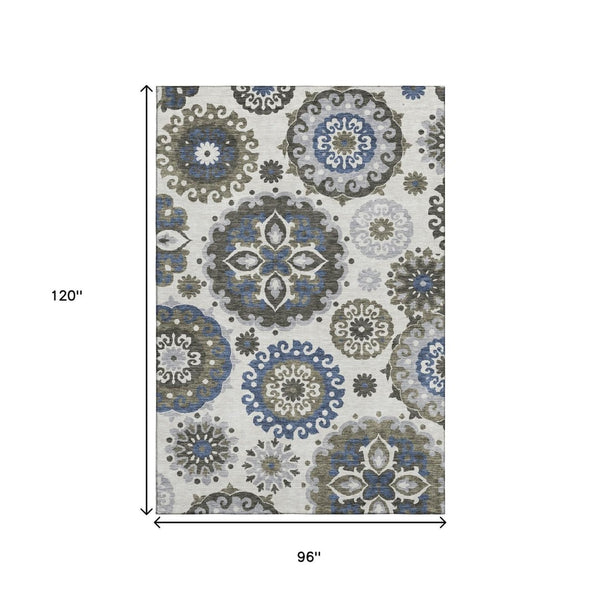 HomeRoots 8' X 10' Pewter Blue and Gray Medallion Area Rug - Washable, UV Protected, Ideal for Busy Homes 664054