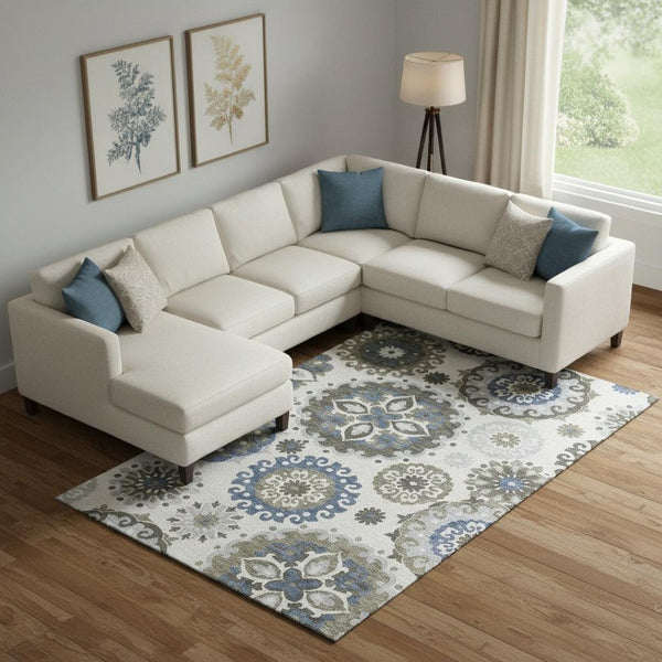 HomeRoots 9' X 12' Pewter Blue & Gray Medallion Area Rug – Durable, Washable, UV-Protected for Family Homes 664055