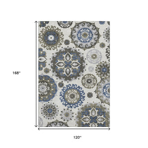 HomeRoots 10' X 14' Pewter Blue & Gray Medallion Area Rug - Washable, UV-Protected, Durable for Busy Homes 664056