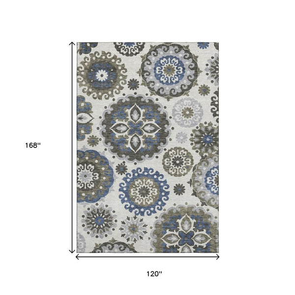 HomeRoots 10' X 14' Pewter Blue & Gray Medallion Area Rug - Washable, UV-Protected, Durable for Busy Homes 664056