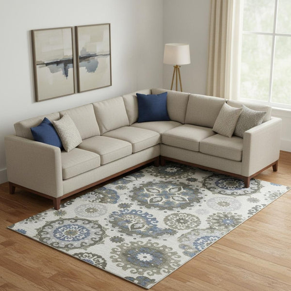 HomeRoots 10' X 14' Pewter Blue & Gray Medallion Area Rug - Washable, UV-Protected, Durable for Busy Homes 664056