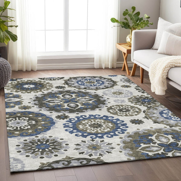 HomeRoots 10' X 14' Pewter Blue & Gray Medallion Area Rug - Washable, UV-Protected, Durable for Busy Homes 664056
