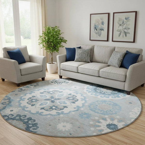 HomeRoots 8' Sky Blue & Ivory Medallion Round Rug - Durable, Washable, UV-Protected for High-Traffic Areas! 664065