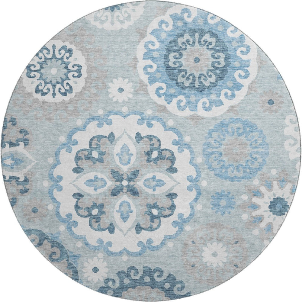 HomeRoots 8' Sky Blue & Ivory Medallion Round Rug - Durable, Washable, UV-Protected for High-Traffic Areas! 664065
