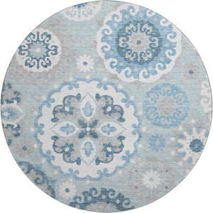 HomeRoots 8' Sky Blue & Ivory Medallion Round Rug - Durable, Washable, UV-Protected for High-Traffic Areas! 664065