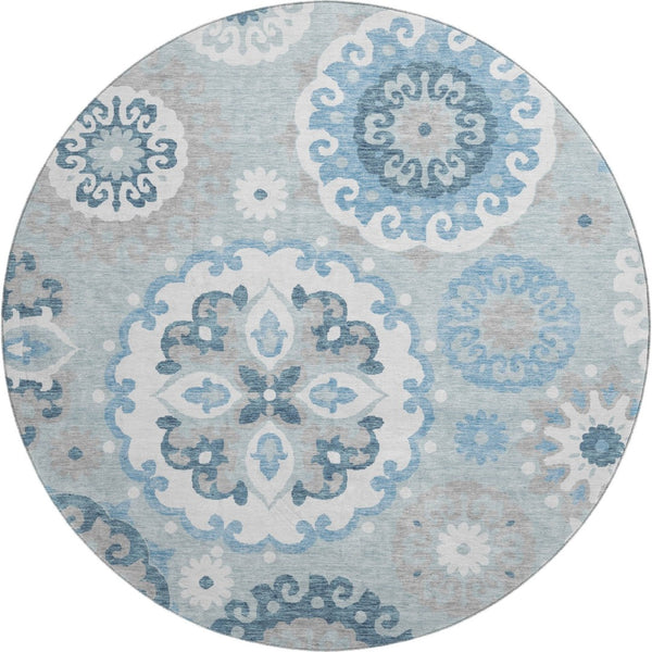 HomeRoots 8' Sky Blue & Ivory Medallion Round Rug - Durable, Washable, UV-Protected for High-Traffic Areas! 664065
