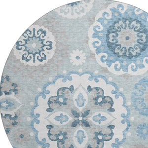 HomeRoots 8' Sky Blue & Ivory Medallion Round Rug - Durable, Washable, UV-Protected for High-Traffic Areas! 664065