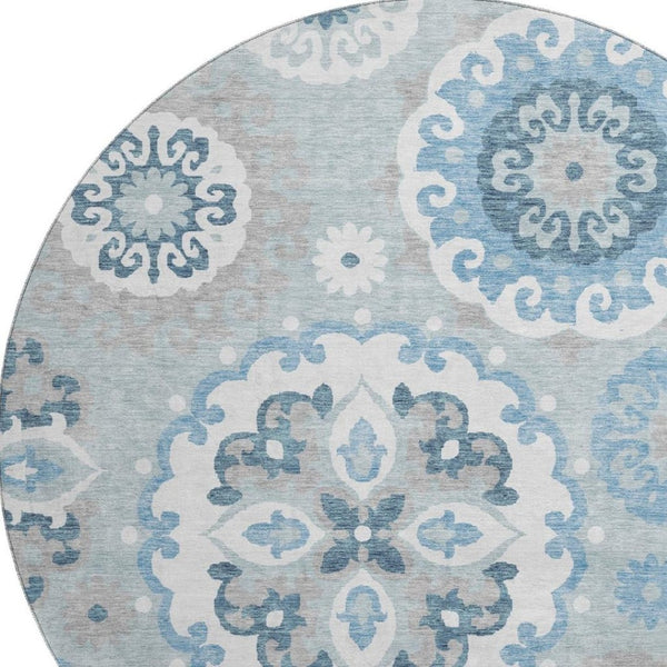 HomeRoots 8' Sky Blue & Ivory Medallion Round Rug - Durable, Washable, UV-Protected for High-Traffic Areas! 664065