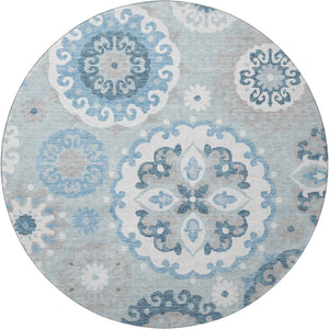 HomeRoots 8' Sky Blue & Ivory Medallion Round Rug - Durable, Washable, UV-Protected for High-Traffic Areas! 664065