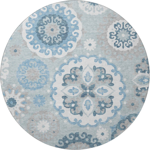 HomeRoots 8' Sky Blue & Ivory Medallion Round Rug - Durable, Washable, UV-Protected for High-Traffic Areas! 664065
