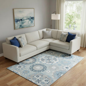 HomeRoots 8' X 10' Sky Blue & Ivory Medallion Area Rug - Washable, UV Protected, Durable for High-Traffic Areas 664066