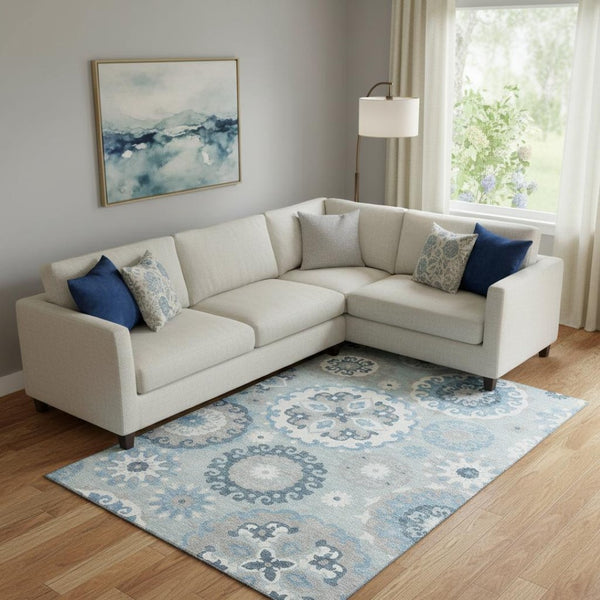 HomeRoots 8' X 10' Sky Blue & Ivory Medallion Area Rug - Washable, UV Protected, Durable for High-Traffic Areas 664066