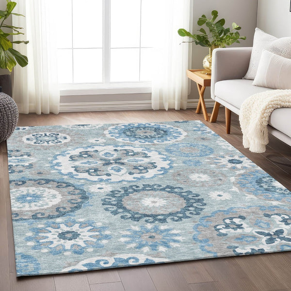 HomeRoots 8' X 10' Sky Blue & Ivory Medallion Area Rug - Washable, UV Protected, Durable for High-Traffic Areas 664066