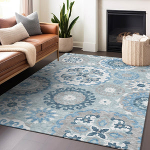 HomeRoots 8' X 10' Sky Blue & Ivory Medallion Area Rug - Washable, UV Protected, Durable for High-Traffic Areas 664066