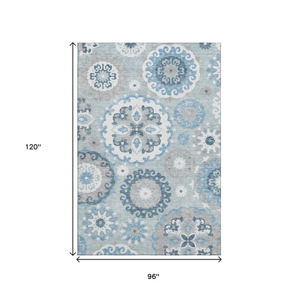 HomeRoots 8' X 10' Sky Blue & Ivory Medallion Area Rug - Washable, UV Protected, Durable for High-Traffic Areas 664066