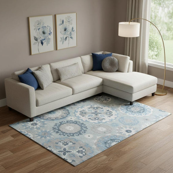 HomeRoots 9' X 12' Sky Blue Ivory Medallion Area Rug – Stylish, Washable, UV Protected, Perfect for Families! 664067