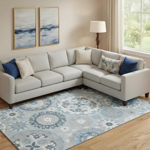 HomeRoots 10' Sky Blue & Ivory Medallion Washable Area Rug – Durable, UV-Protected Design for Every Space! 664068