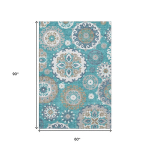 HomeRoots 5' X 8' Teal Ivory Gray Medallion Area Rug - Washable, UV Protected & Stylish for Any Space! 664076