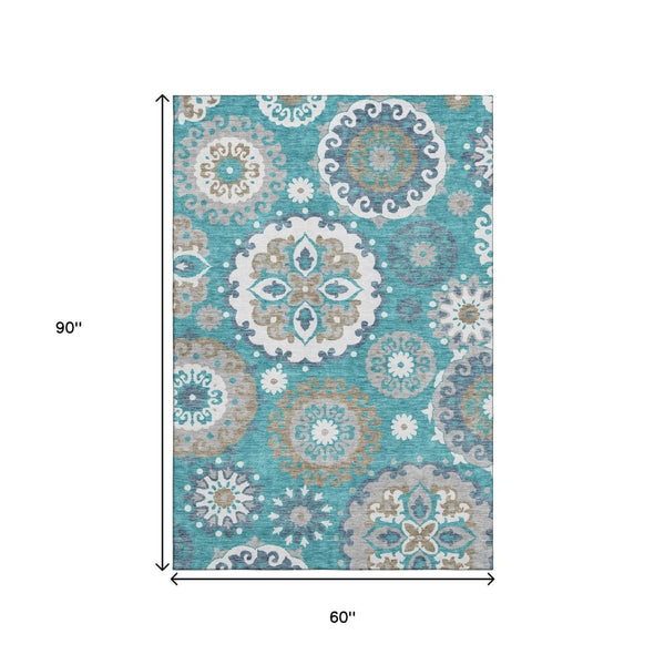 HomeRoots 5' X 8' Teal Ivory Gray Medallion Area Rug - Washable, UV Protected & Stylish for Any Space! 664076
