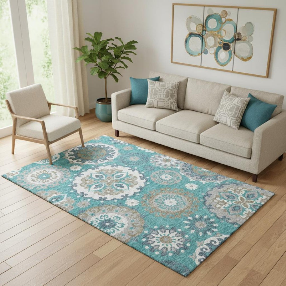 HomeRoots 5' X 8' Teal Ivory Gray Medallion Area Rug - Washable, UV Protected & Stylish for Any Space! 664076