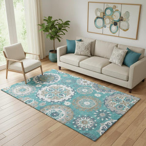 HomeRoots 5' X 8' Teal Ivory Gray Medallion Area Rug - Washable, UV Protected & Stylish for Any Space! 664076