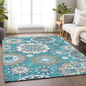 HomeRoots 5' X 8' Teal Ivory Gray Medallion Area Rug - Washable, UV Protected & Stylish for Any Space! 664076