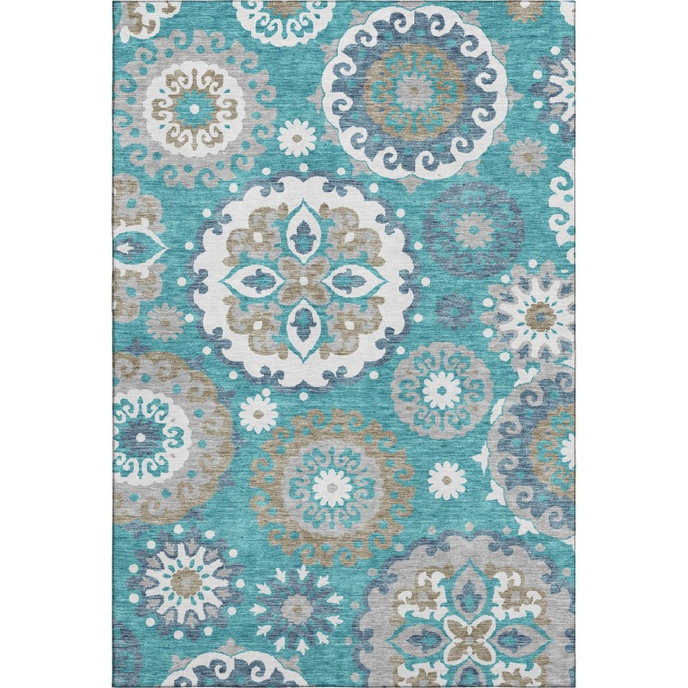 HomeRoots 5' X 8' Teal Ivory Gray Medallion Area Rug - Washable, UV Protected & Stylish for Any Space! 664076