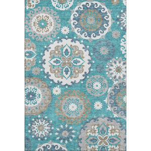 HomeRoots 5' X 8' Teal Ivory Gray Medallion Area Rug - Washable, UV Protected & Stylish for Any Space! 664076