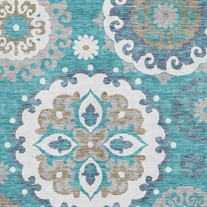 HomeRoots 5' X 8' Teal Ivory Gray Medallion Area Rug - Washable, UV Protected & Stylish for Any Space! 664076