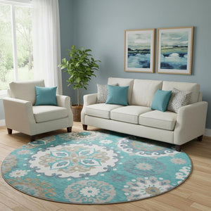 HomeRoots 8' Teal Ivory and Gray Medallion Washable Round Rug - Durable, Stylish, and Easy Care with UV Protection 664077