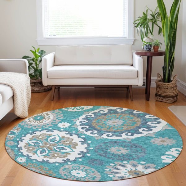 HomeRoots 8' Teal Ivory and Gray Medallion Washable Round Rug - Durable, Stylish, and Easy Care with UV Protection 664077