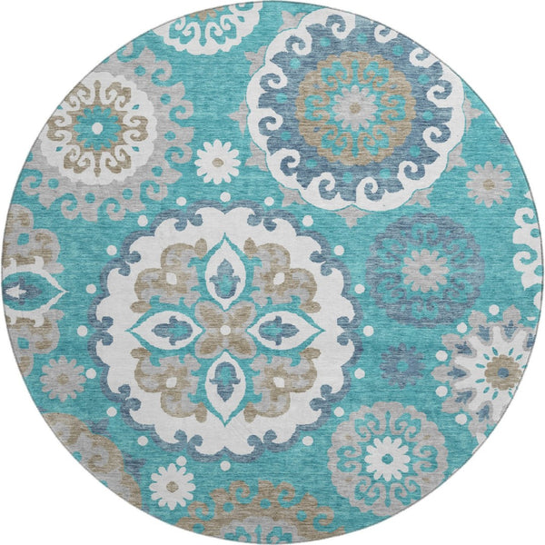 HomeRoots 8' Teal Ivory and Gray Medallion Washable Round Rug - Durable, Stylish, and Easy Care with UV Protection 664077