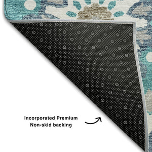 HomeRoots 8' Teal Ivory and Gray Medallion Washable Round Rug - Durable, Stylish, and Easy Care with UV Protection 664077