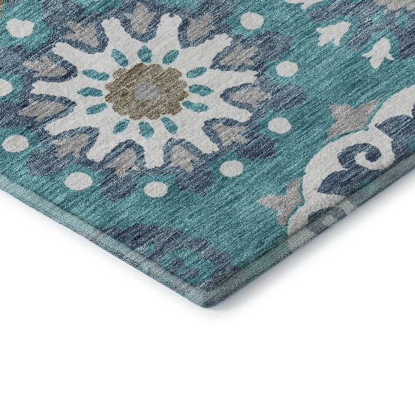 HomeRoots 8' Teal Ivory and Gray Medallion Washable Round Rug - Durable, Stylish, and Easy Care with UV Protection 664077
