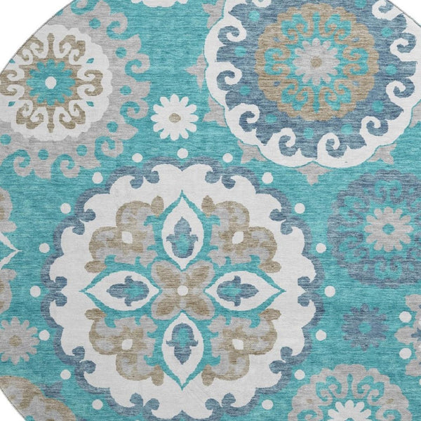 HomeRoots 8' Teal Ivory and Gray Medallion Washable Round Rug - Durable, Stylish, and Easy Care with UV Protection 664077
