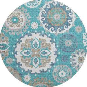 HomeRoots 8' Teal Ivory and Gray Medallion Washable Round Rug - Durable, Stylish, and Easy Care with UV Protection 664077