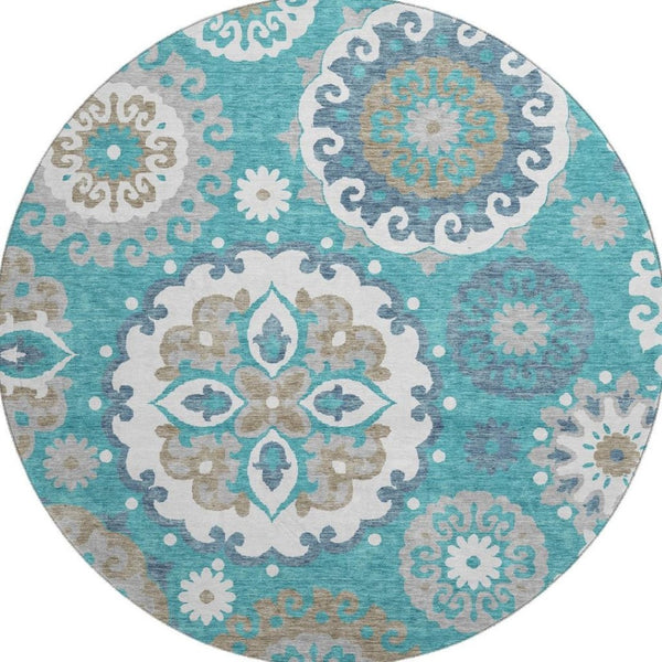 HomeRoots 8' Teal Ivory and Gray Medallion Washable Round Rug - Durable, Stylish, and Easy Care with UV Protection 664077