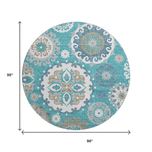 HomeRoots 8' Teal Ivory and Gray Medallion Washable Round Rug - Durable, Stylish, and Easy Care with UV Protection 664077