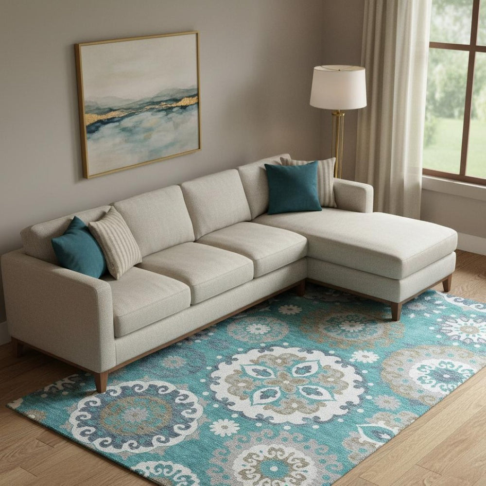HomeRoots 8' X 10' Teal Ivory and Gray Medallion Area Rug – Washable, Stain Resistant, UV Protected, Durable Design 664078