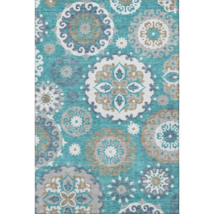 HomeRoots 8' X 10' Teal Ivory and Gray Medallion Area Rug – Washable, Stain Resistant, UV Protected, Durable Design 664078