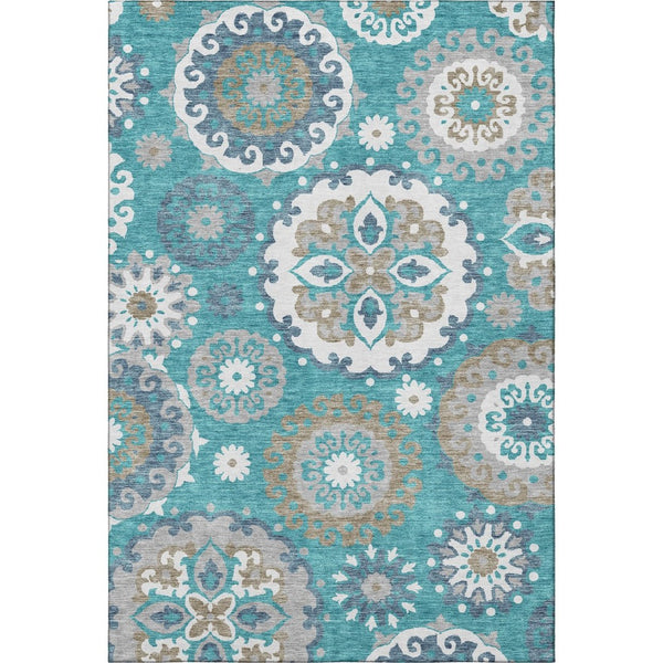 HomeRoots 8' X 10' Teal Ivory and Gray Medallion Area Rug – Washable, Stain Resistant, UV Protected, Durable Design 664078