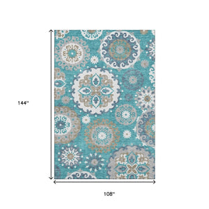 HomeRoots 9' X 12' Stylish Teal Ivory Gray Medallion Area Rug - Washable, UV Protected, Stain Resistant & Durable 664079